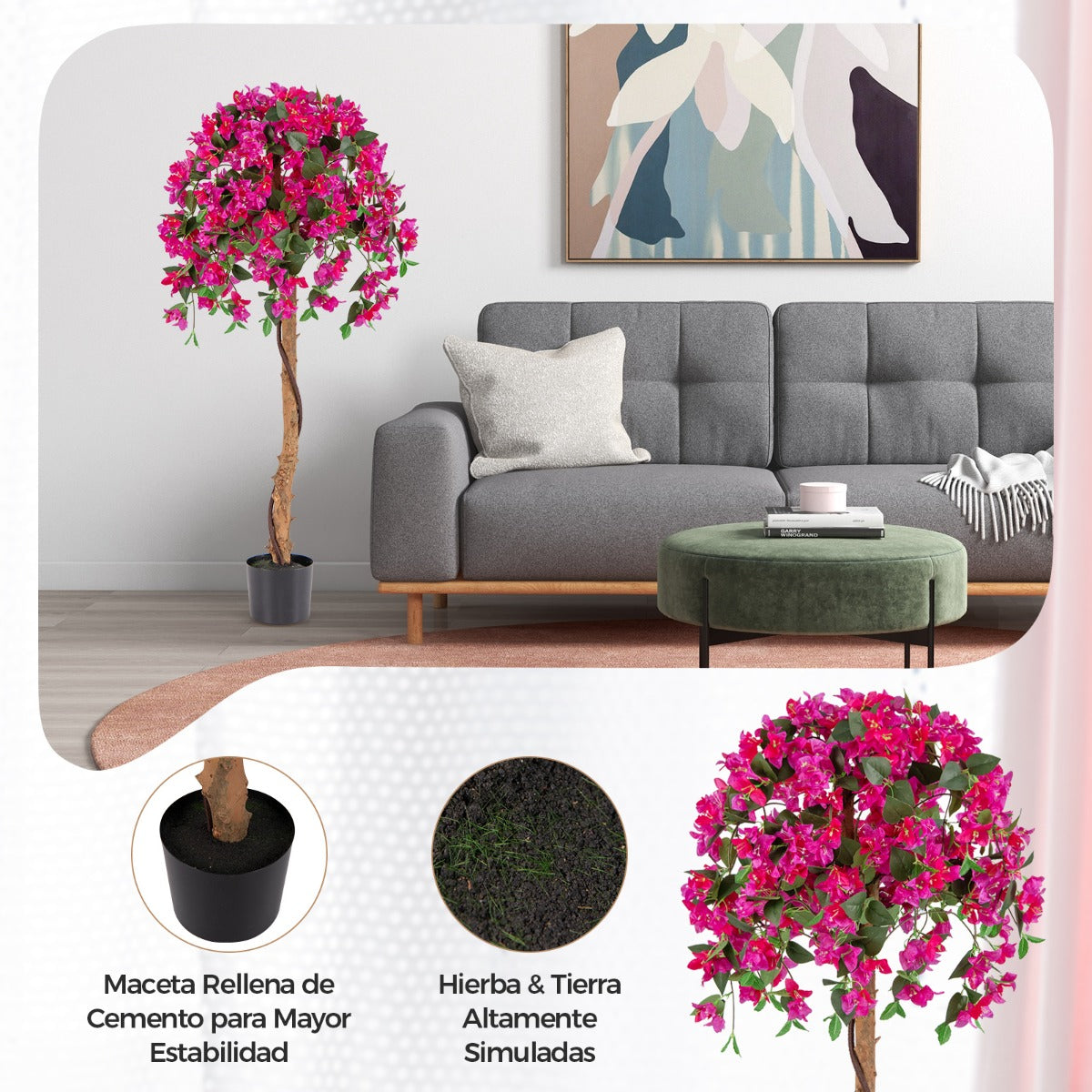 Árbol de Azalea Artificial de 135 CM Planta Floral de Seda Falsa en Maceta con 576 Flores 288 Hojas Tronco de Madera Planta Decorativa Rojo