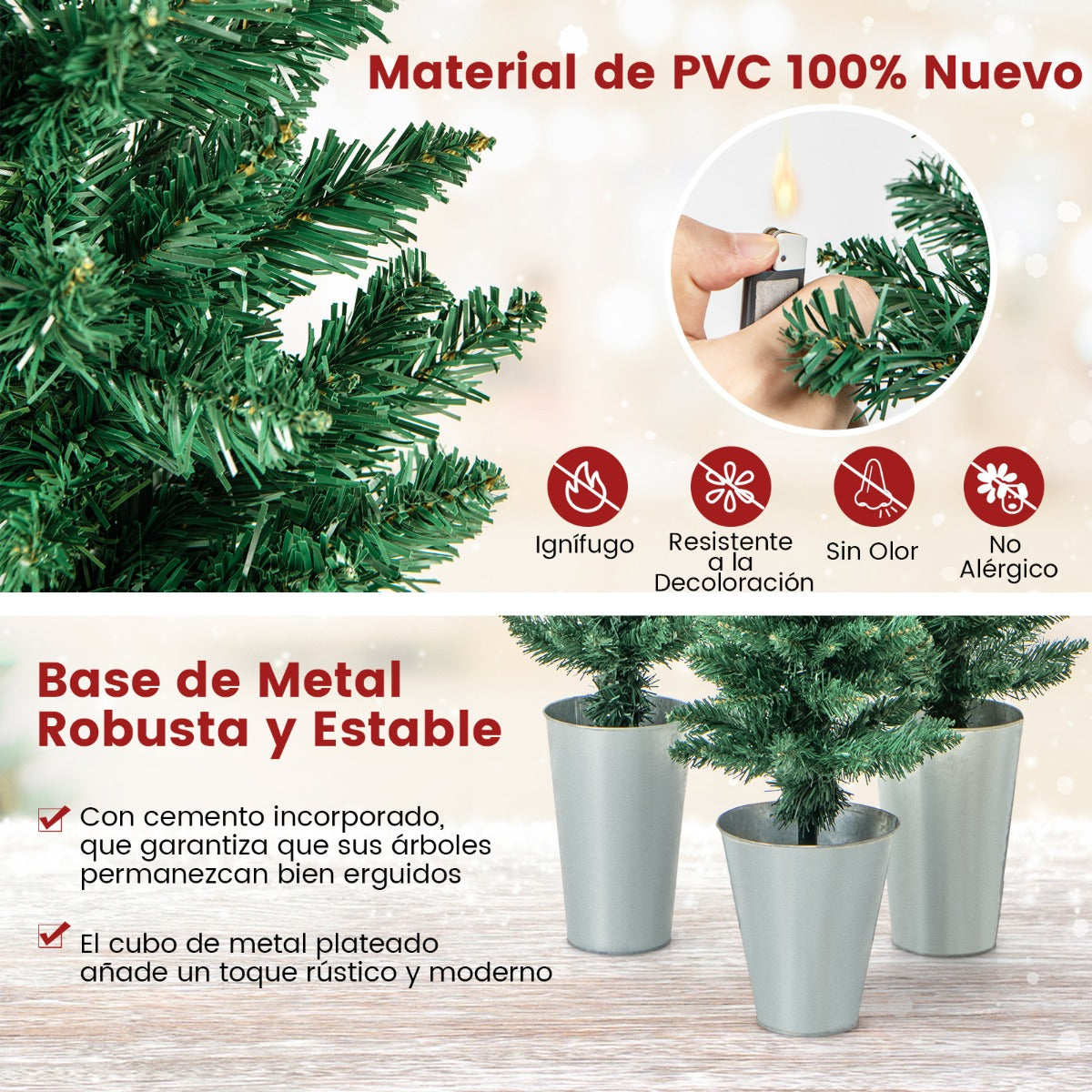 Juego de 3 Árboles de Entrada en Maceta de Metal Rellenas de Cemento Decoración de Navidad