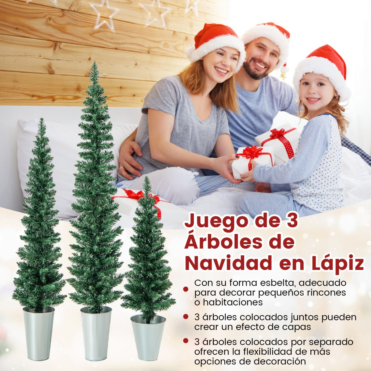 Juego de 3 Árboles de Entrada en Maceta de Metal Rellenas de Cemento Decoración de Navidad