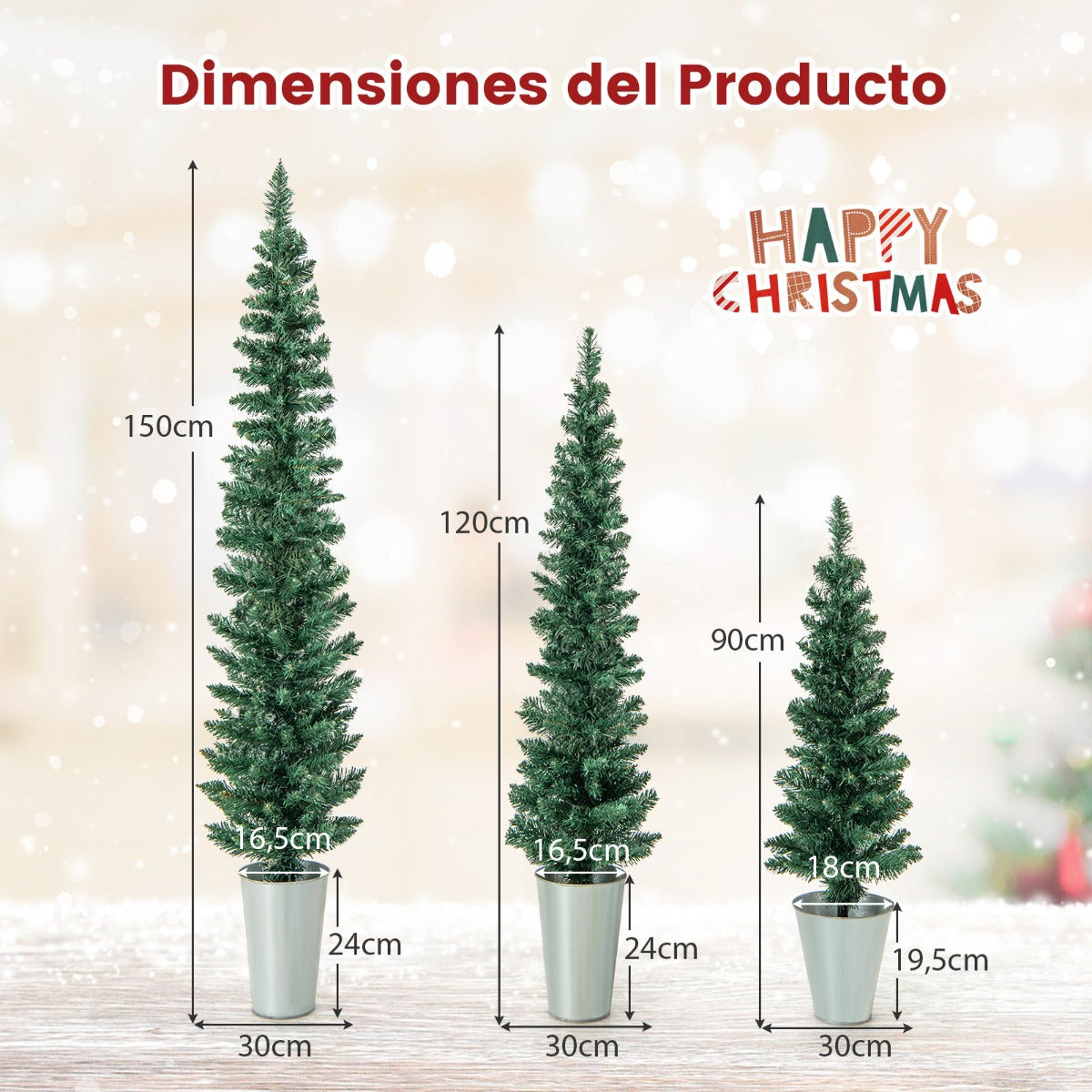 Juego de 3 Árboles de Entrada en Maceta de Metal Rellenas de Cemento Decoración de Navidad