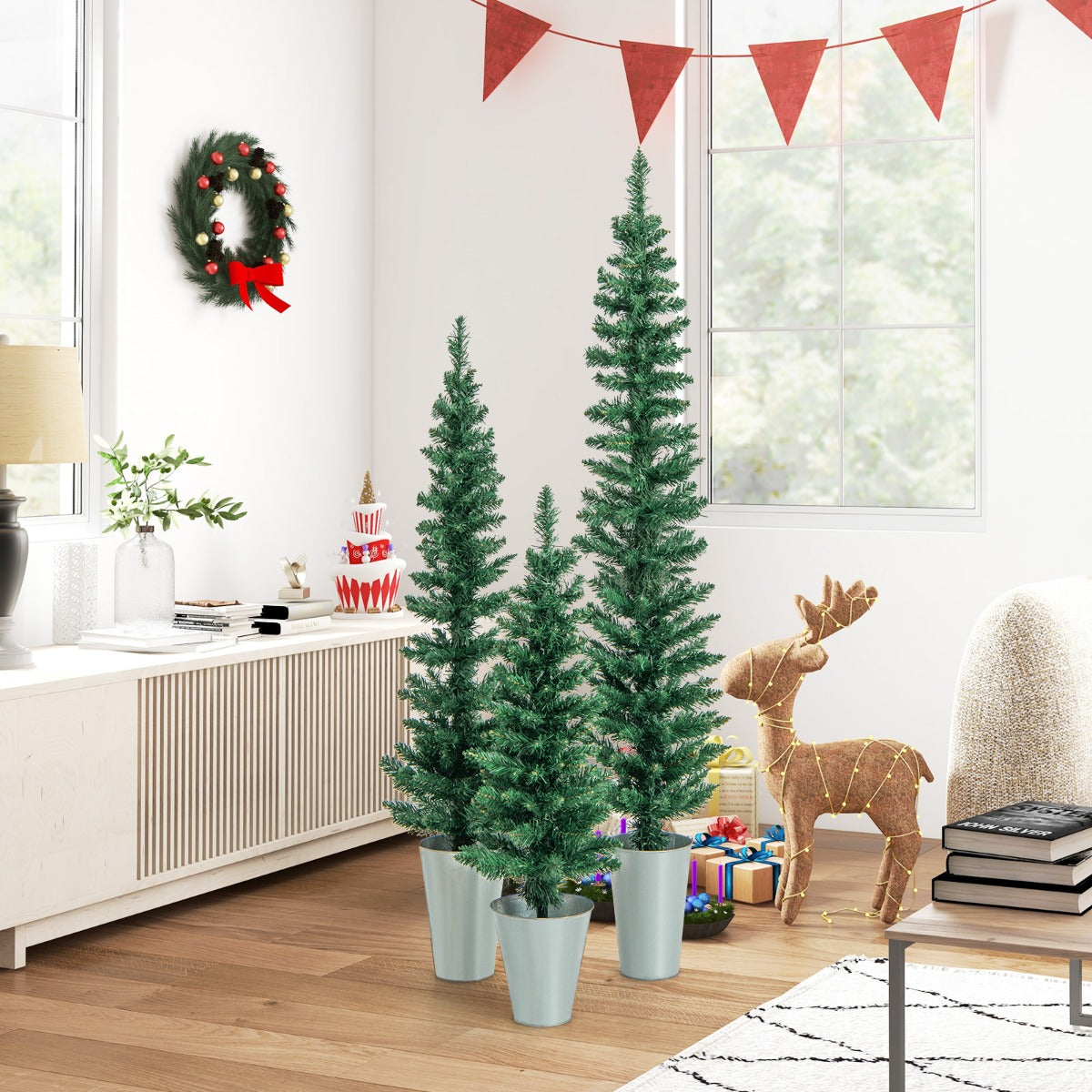 Juego de 3 Árboles de Entrada en Maceta de Metal Rellenas de Cemento Decoración de Navidad