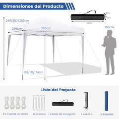 Carpa Plegable 3 x 3 m con Bolsa de Transporte para Jardin Toldo Pop-Up Plegable Altura Ajustable para Playa Camping Patio Mercado Blanco