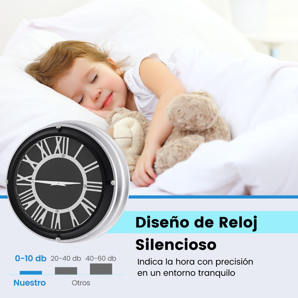 34,5/45cm Reloj de Pared Silencioso Estructura de Plata Números Romanos Cubierta de Vidrio-S