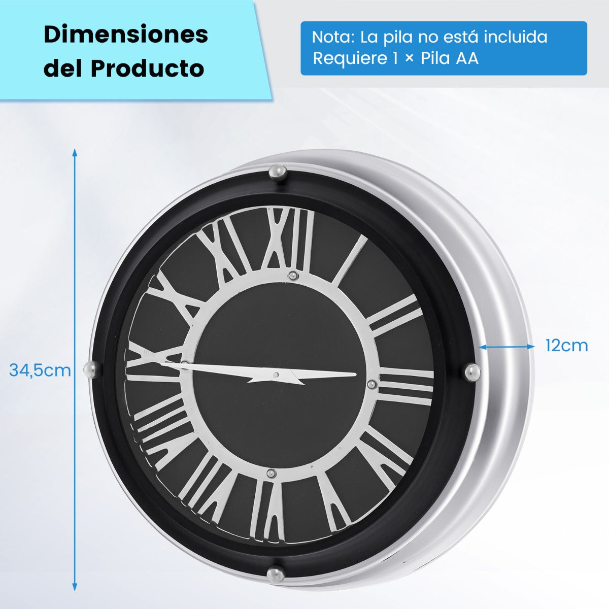 34,5/45cm Reloj de Pared Silencioso Estructura de Plata Números Romanos Cubierta de Vidrio-S