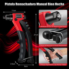 Remachadora Manual de 200 Piezas Pistola de Remaches con 4 Tamaños de 2,4/3,2/4/4,8 mm Kit de Herramientas para Remaches a Presión