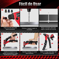 Remachadora Manual de 200 Piezas Pistola de Remaches con 4 Tamaños de 2,4/3,2/4/4,8 mm Kit de Herramientas para Remaches a Presión