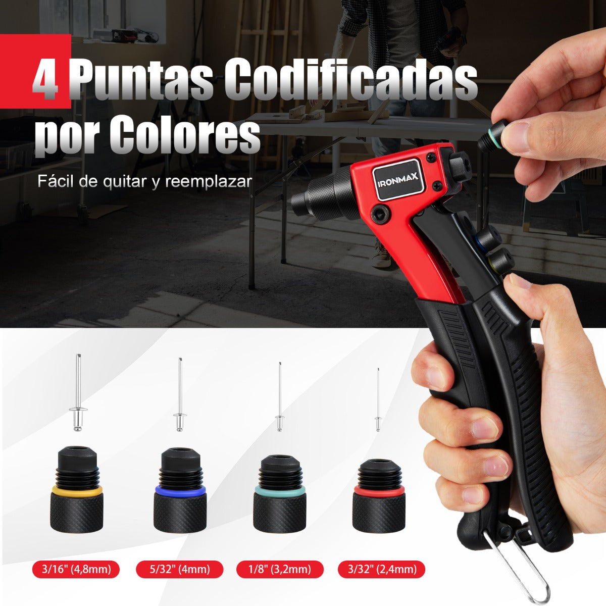 Remachadora Manual de 200 Piezas Pistola de Remaches con 4 Tamaños de 2,4/3,2/4/4,8 mm Kit de Herramientas para Remaches a Presión