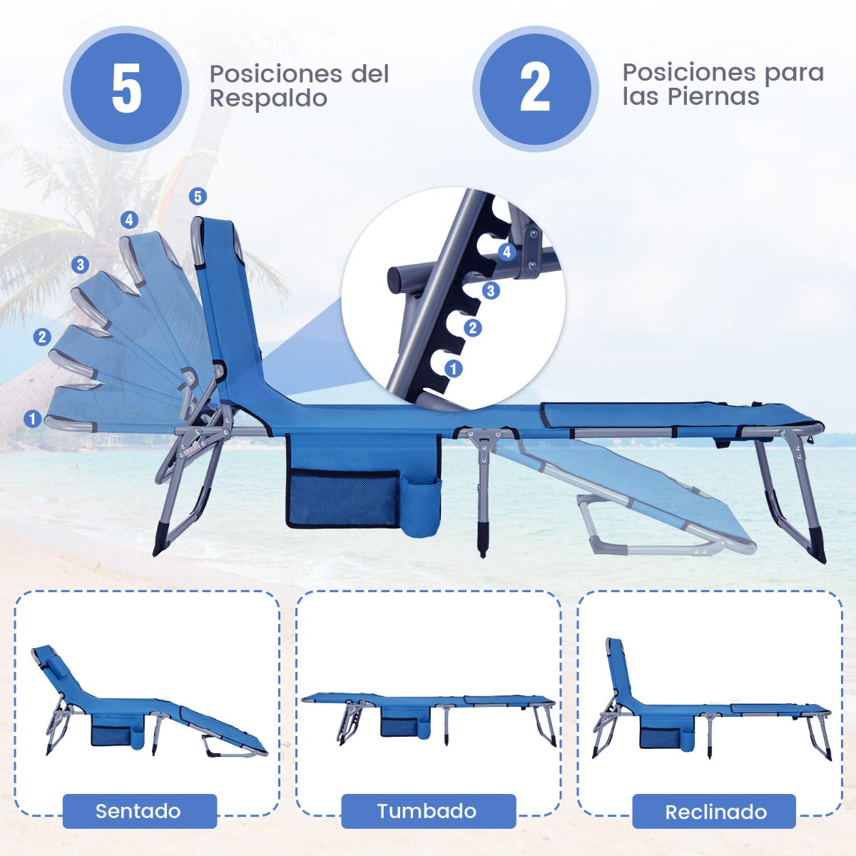 Reposera Plegable para Exteriores con Reposapiés Ajustable Orificio para la Cara Almohada Extraíble-Azul
