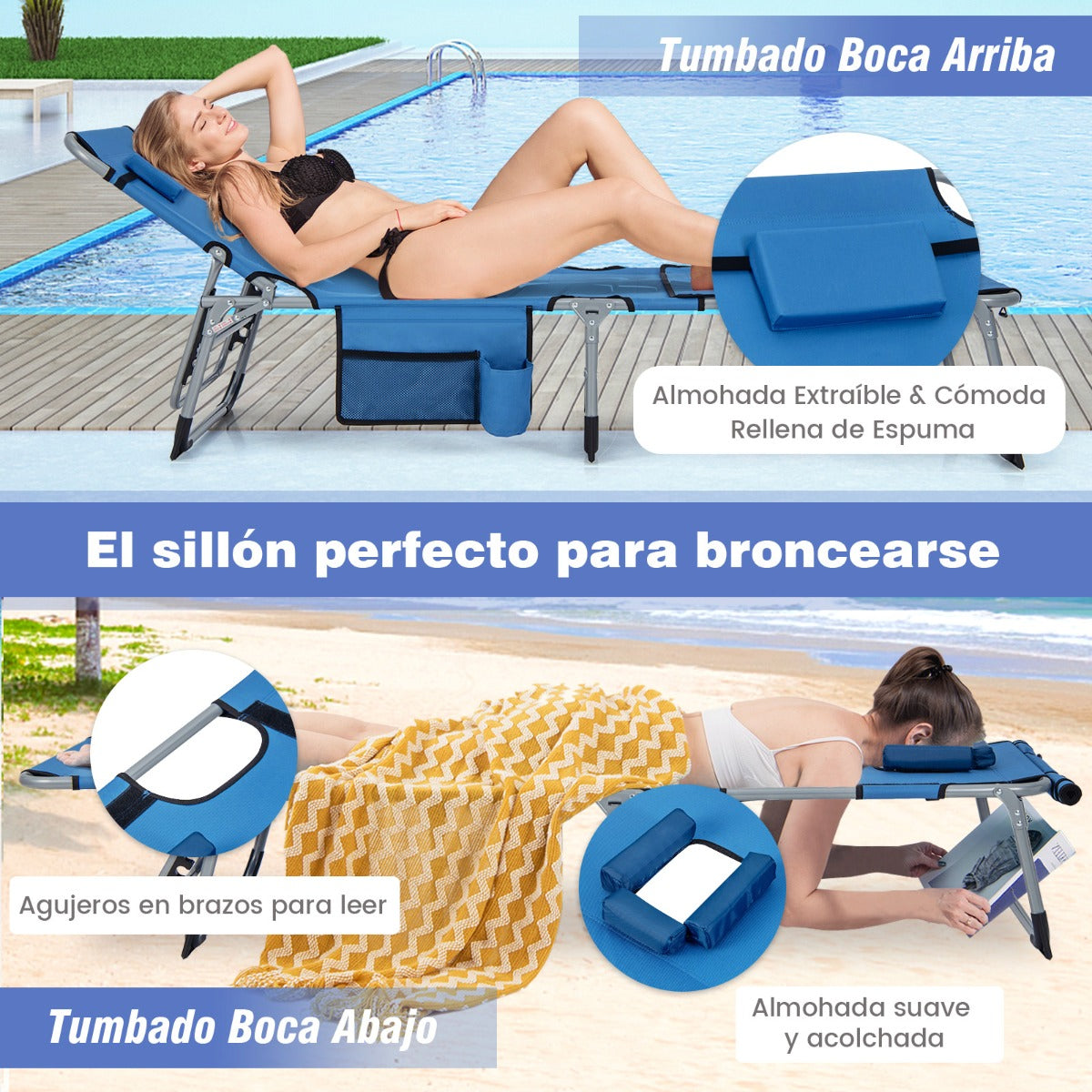 Reposera Plegable para Exteriores con Reposapiés Ajustable Orificio para la Cara Almohada Extraíble-Azul