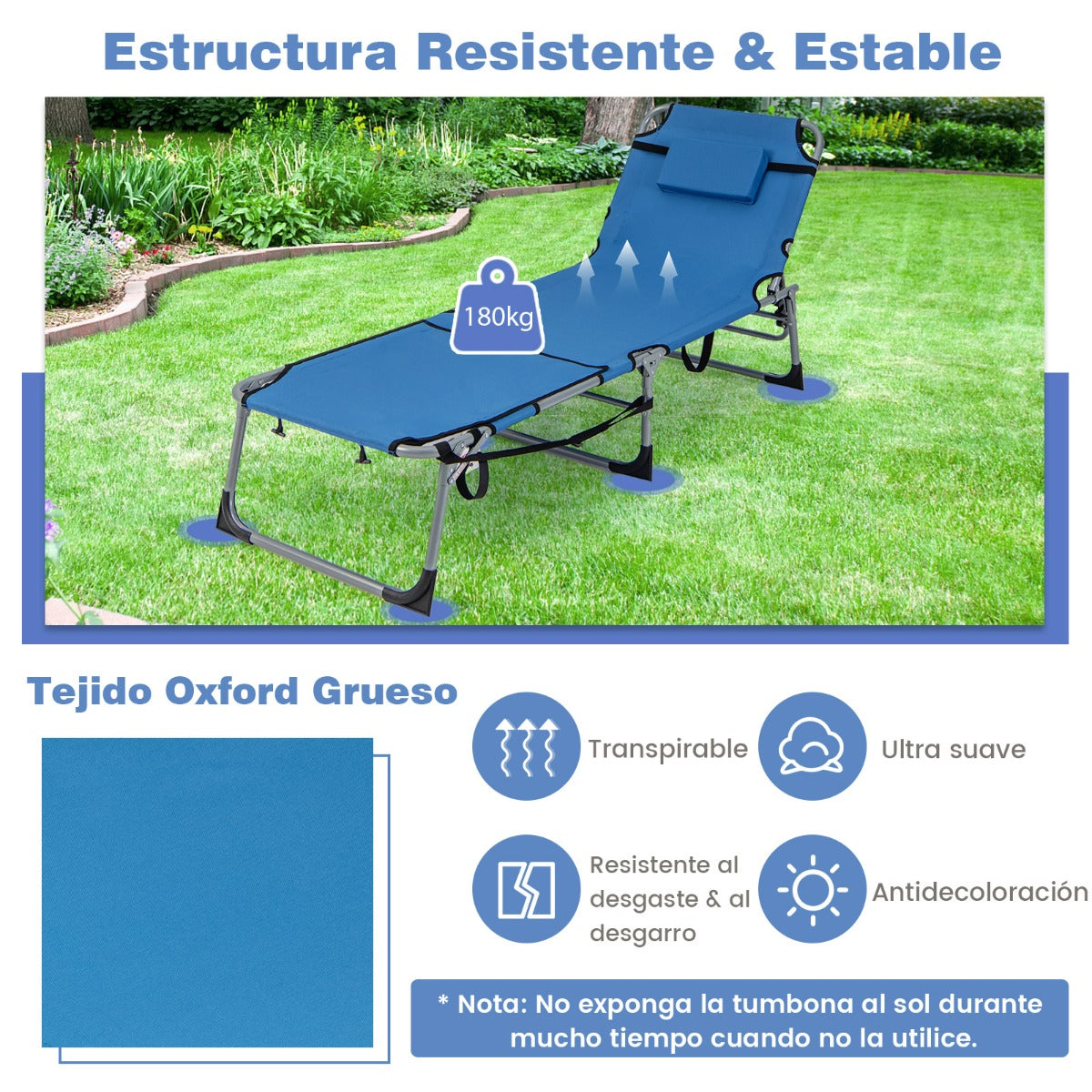 Reposera Plegable para Exteriores con Reposapiés Ajustable Orificio para la Cara Almohada Extraíble-Azul