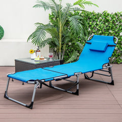 Reposera Plegable para Exteriores con Reposapiés Ajustable Orificio para la Cara Almohada Extraíble-Azul