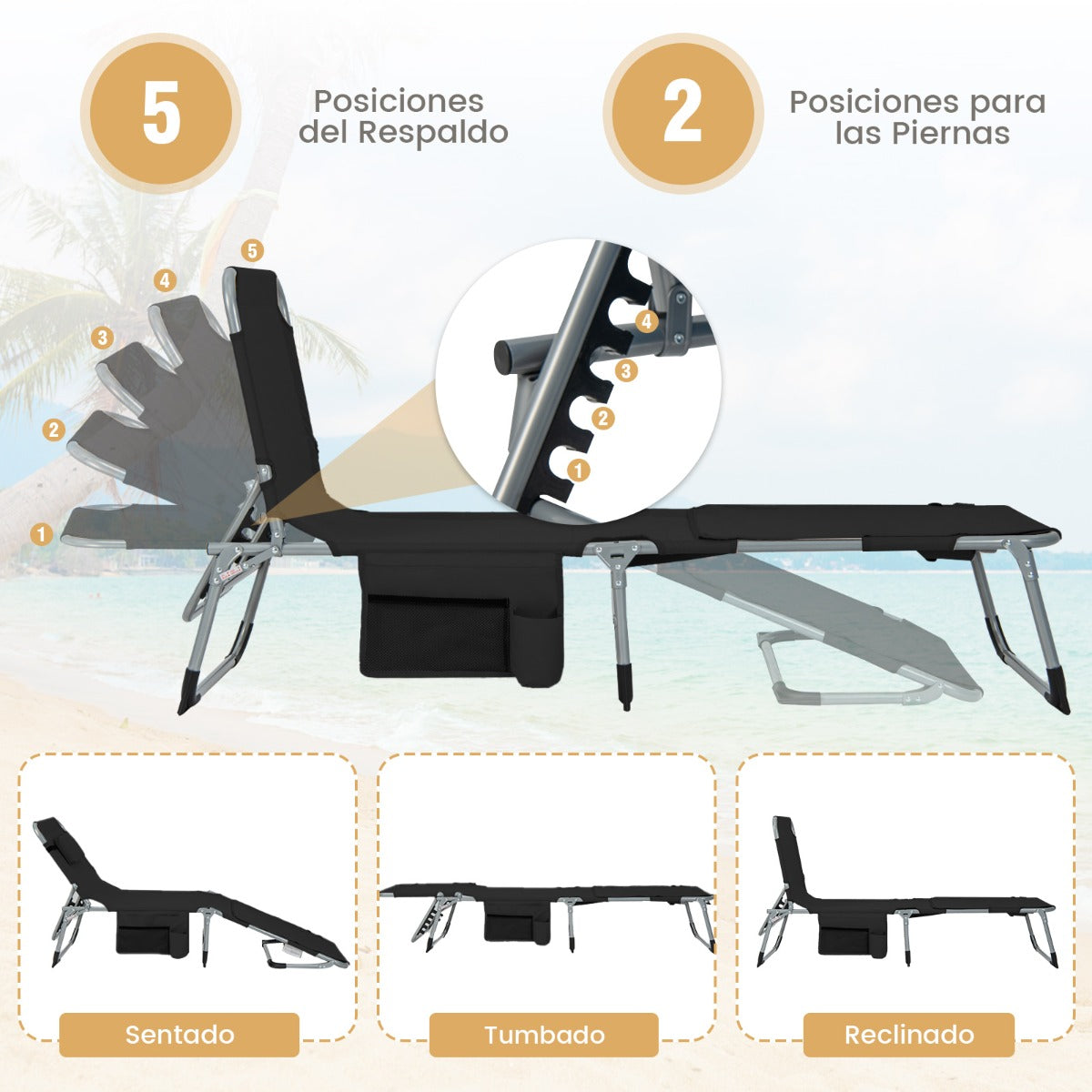 Reposera Plegable para Exteriores con Reposapiés Ajustable Orificio para la Cara Almohada Extraíble-Negro
