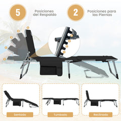 Reposera Plegable para Exteriores con Reposapiés Ajustable Orificio para la Cara Almohada Extraíble-Negro