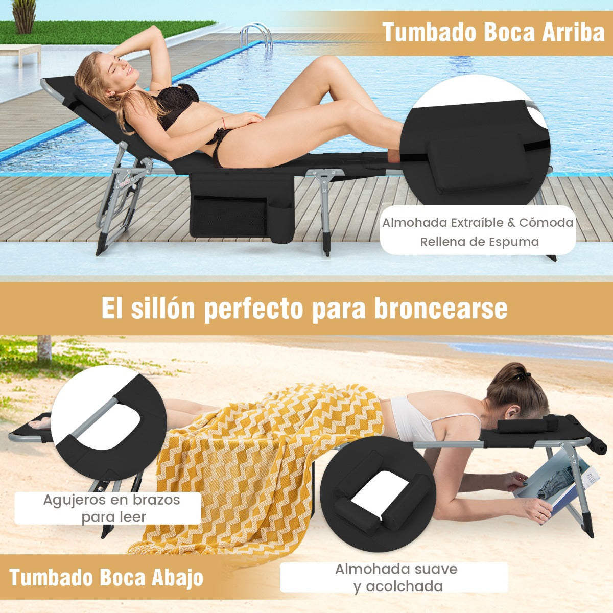 Reposera Plegable para Exteriores con Reposapiés Ajustable Orificio para la Cara Almohada Extraíble-Negro