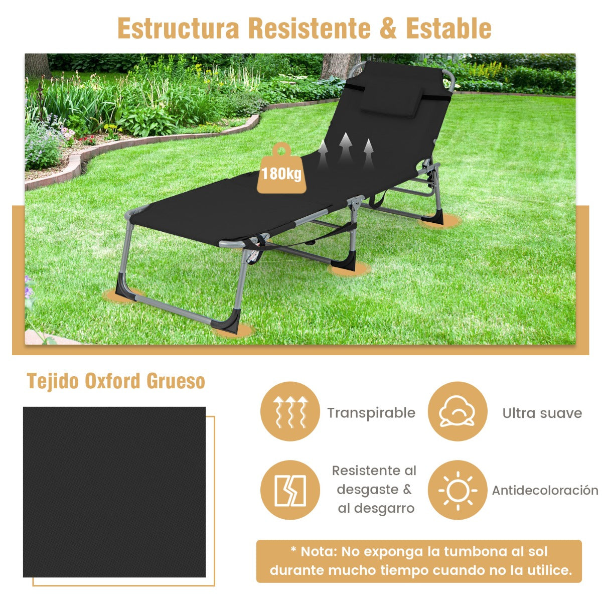 Reposera Plegable para Exteriores con Reposapiés Ajustable Orificio para la Cara Almohada Extraíble-Negro