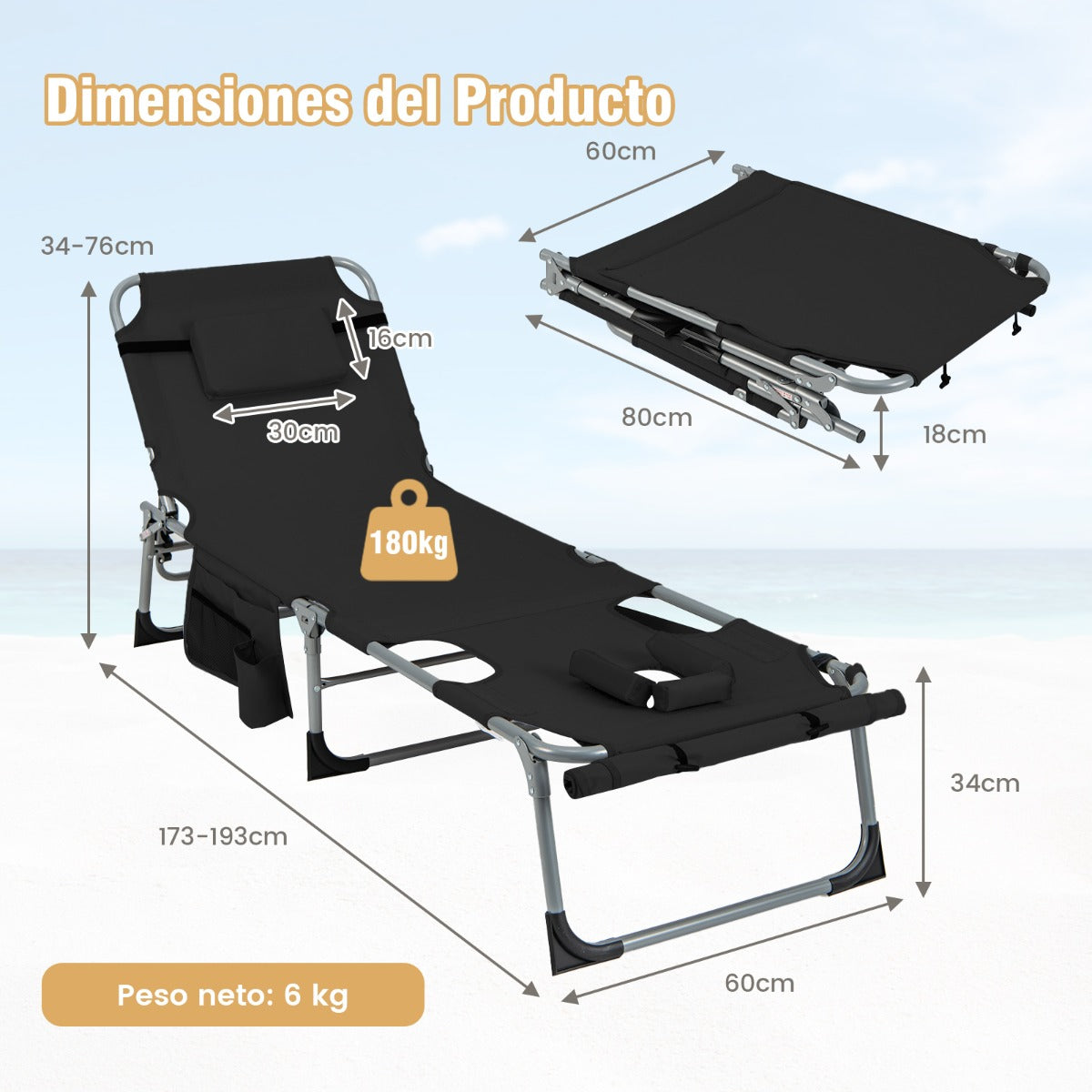 Reposera Plegable para Exteriores con Reposapiés Ajustable Orificio para la Cara Almohada Extraíble-Negro