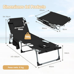 Reposera Plegable para Exteriores con Reposapiés Ajustable Orificio para la Cara Almohada Extraíble-Negro