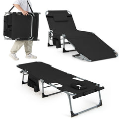 Reposera Plegable para Exteriores con Reposapiés Ajustable Orificio para la Cara Almohada Extraíble-Negro