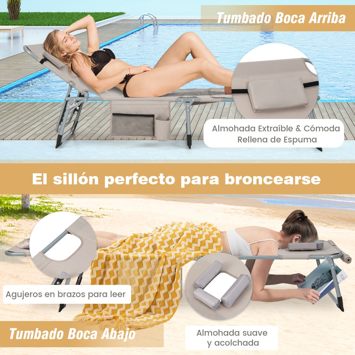 Reposera Plegable para Exteriores con Reposapiés Ajustable Orificio para la Cara Almohada Extraíble-Arena