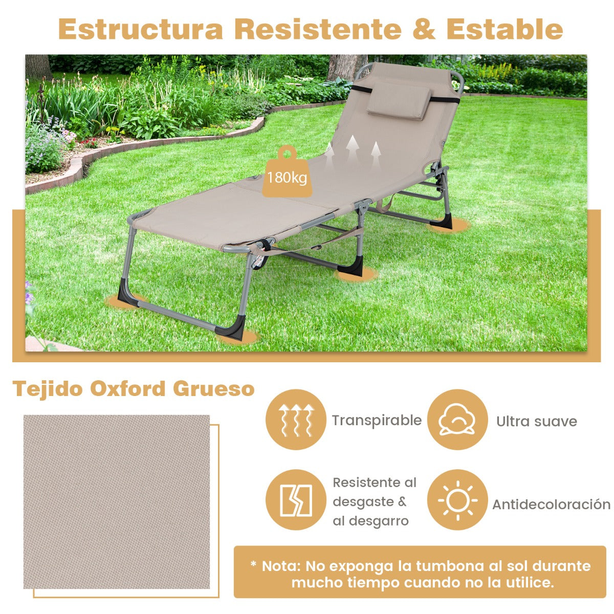 Reposera Plegable para Exteriores con Reposapiés Ajustable Orificio para la Cara Almohada Extraíble-Arena