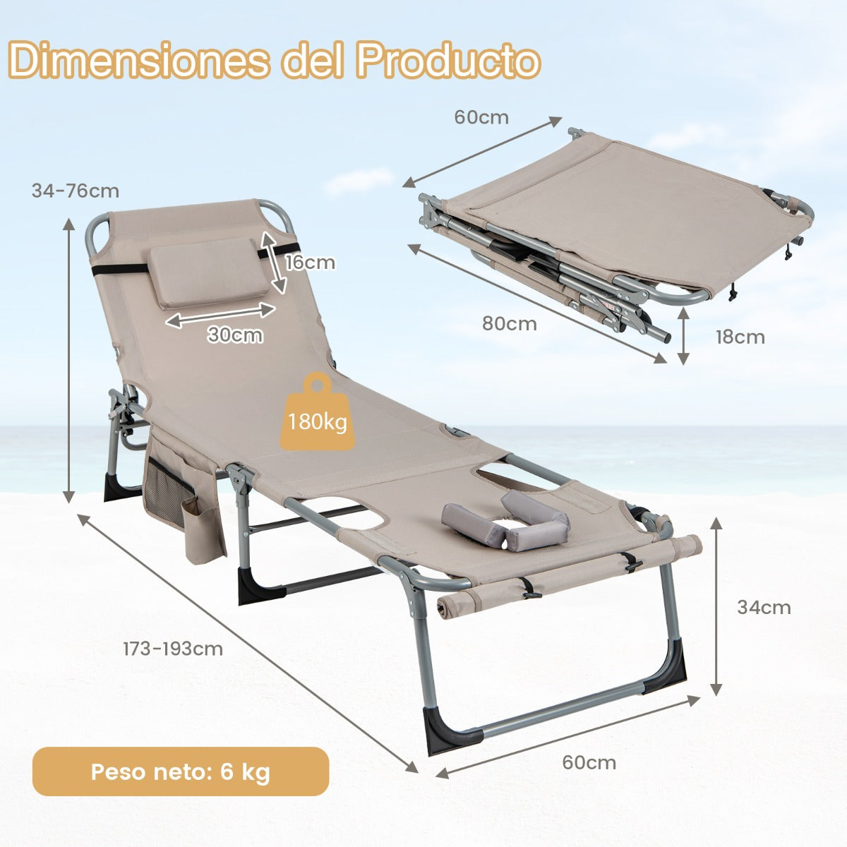 Reposera Plegable para Exteriores con Reposapiés Ajustable Orificio para la Cara Almohada Extraíble-Arena