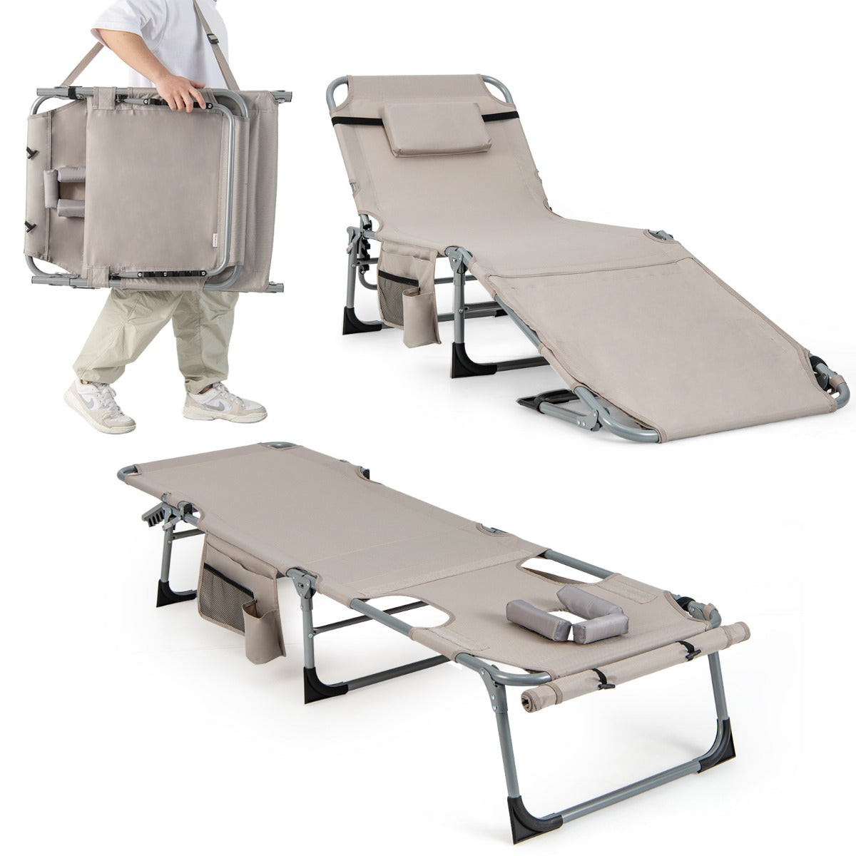 Reposera Plegable para Exteriores con Reposapiés Ajustable Orificio para la Cara Almohada Extraíble-Arena