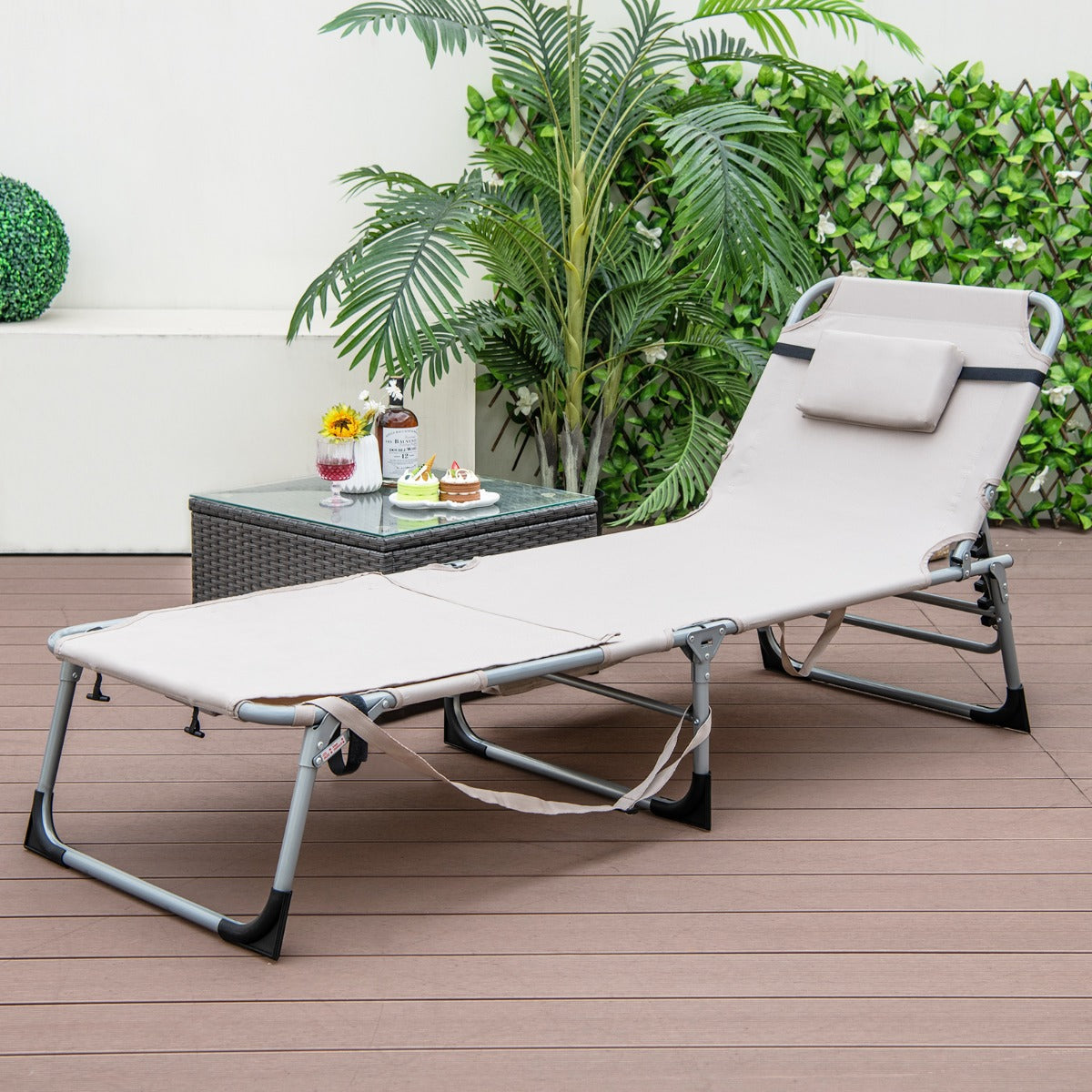 Reposera Plegable para Exteriores con Reposapiés Ajustable Orificio para la Cara Almohada Extraíble-Arena