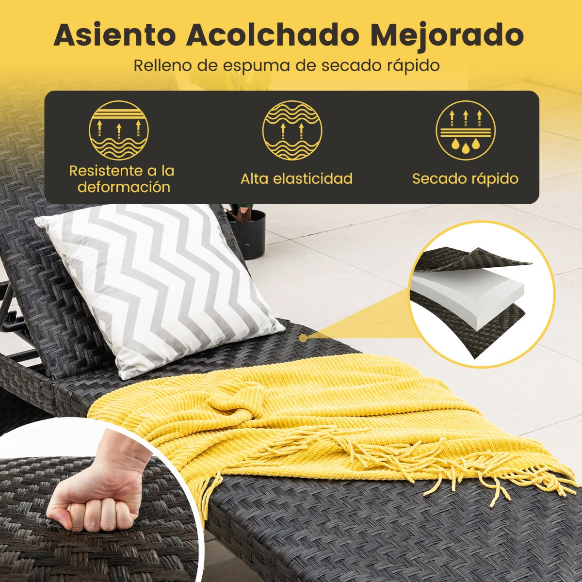 Tumbona Plegable con Marco de Metal Respaldo Ajustable de 5 Niveles y Ruedas Traseras para Patio Jardín y Terraza 195 x 61 x 38-97 cm