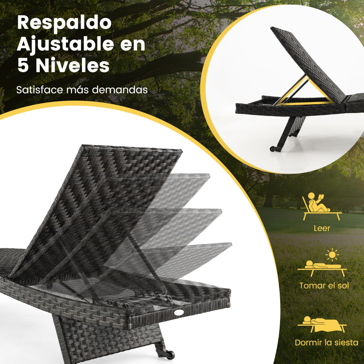 Tumbona Plegable con Marco de Metal Respaldo Ajustable de 5 Niveles y Ruedas Traseras para Patio Jardín y Terraza 195 x 61 x 38-97 cm