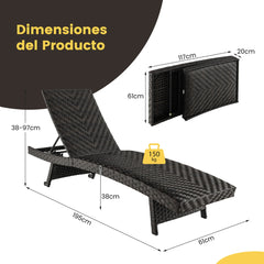 Tumbona Plegable con Marco de Metal Respaldo Ajustable de 5 Niveles y Ruedas Traseras para Patio Jardín y Terraza 195 x 61 x 38-97 cm