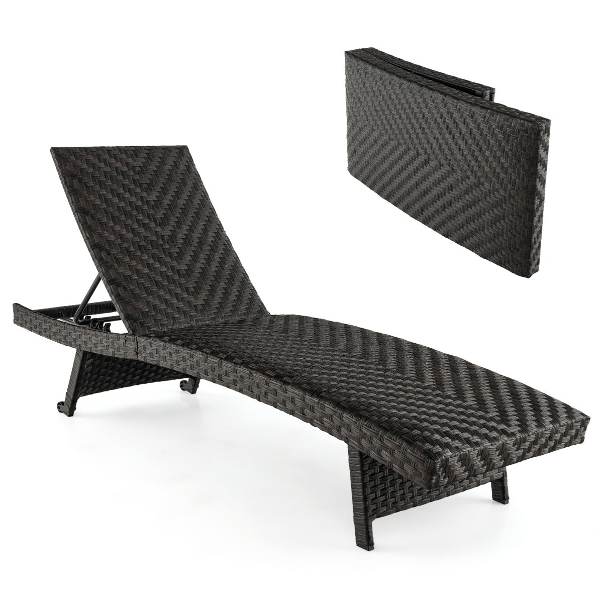 Tumbona Plegable con Marco de Metal Respaldo Ajustable de 5 Niveles y Ruedas Traseras para Patio Jardín y Terraza 195 x 61 x 38-97 cm