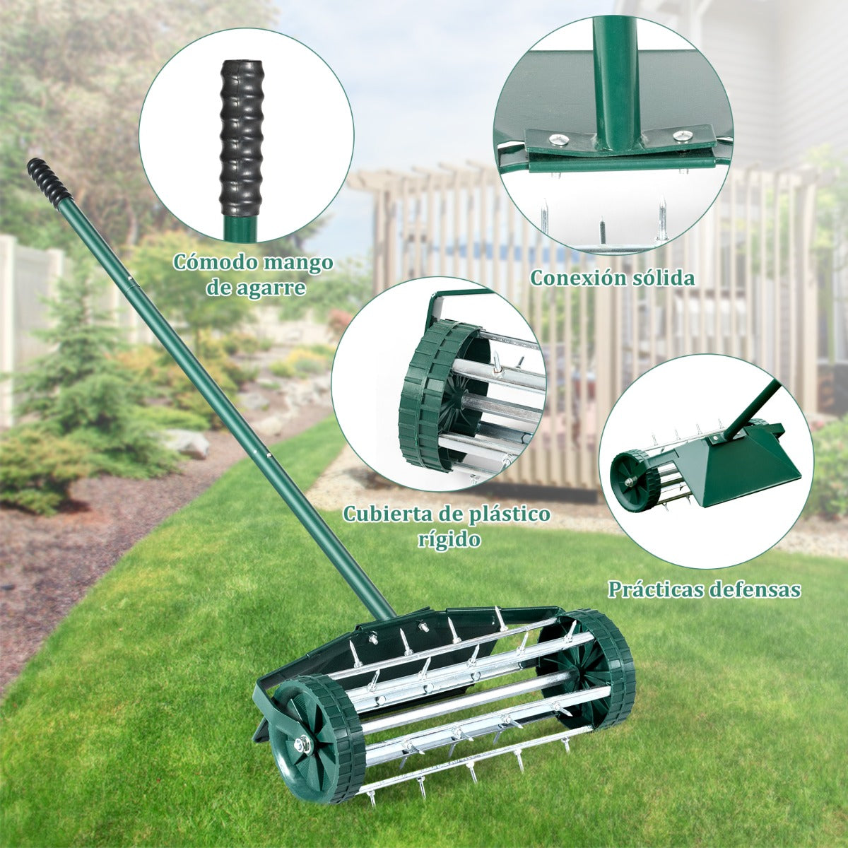 Rodillo Aireador de Césped Enrollable de 46 cm Aireación con Púas Giratorio Escudo Protector Aireación de Suelo Pesada para Jardín Patio