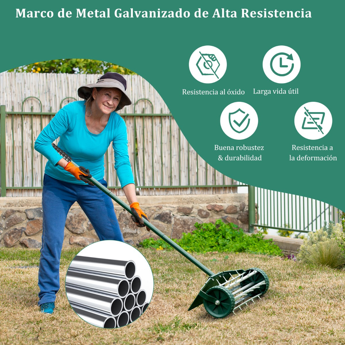 Rodillo Aireador de Césped Enrollable de 46 cm Aireación con Púas Giratorio Escudo Protector Aireación de Suelo Pesada para Jardín Patio