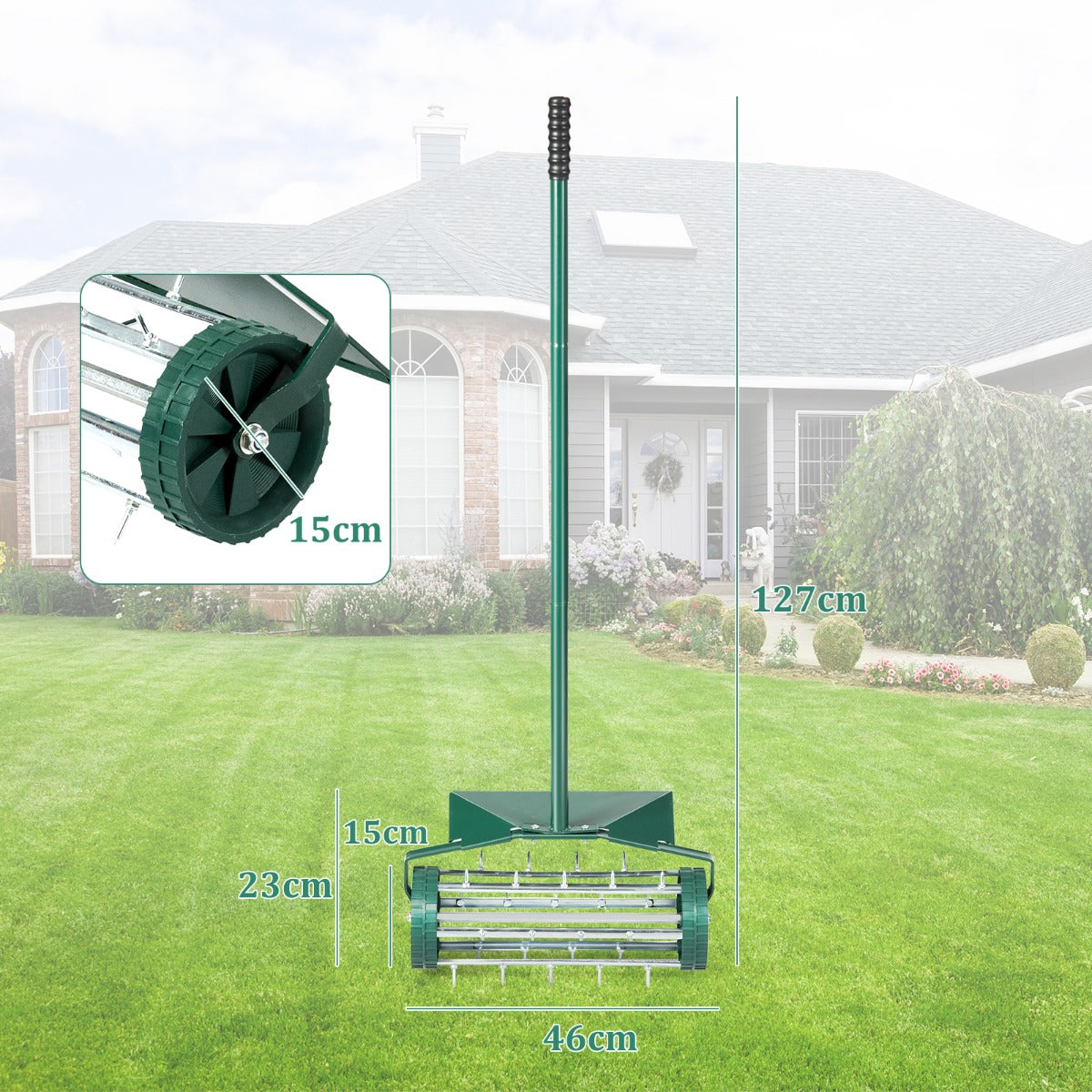 Rodillo Aireador de Césped Enrollable de 46 cm Aireación con Púas Giratorio Escudo Protector Aireación de Suelo Pesada para Jardín Patio