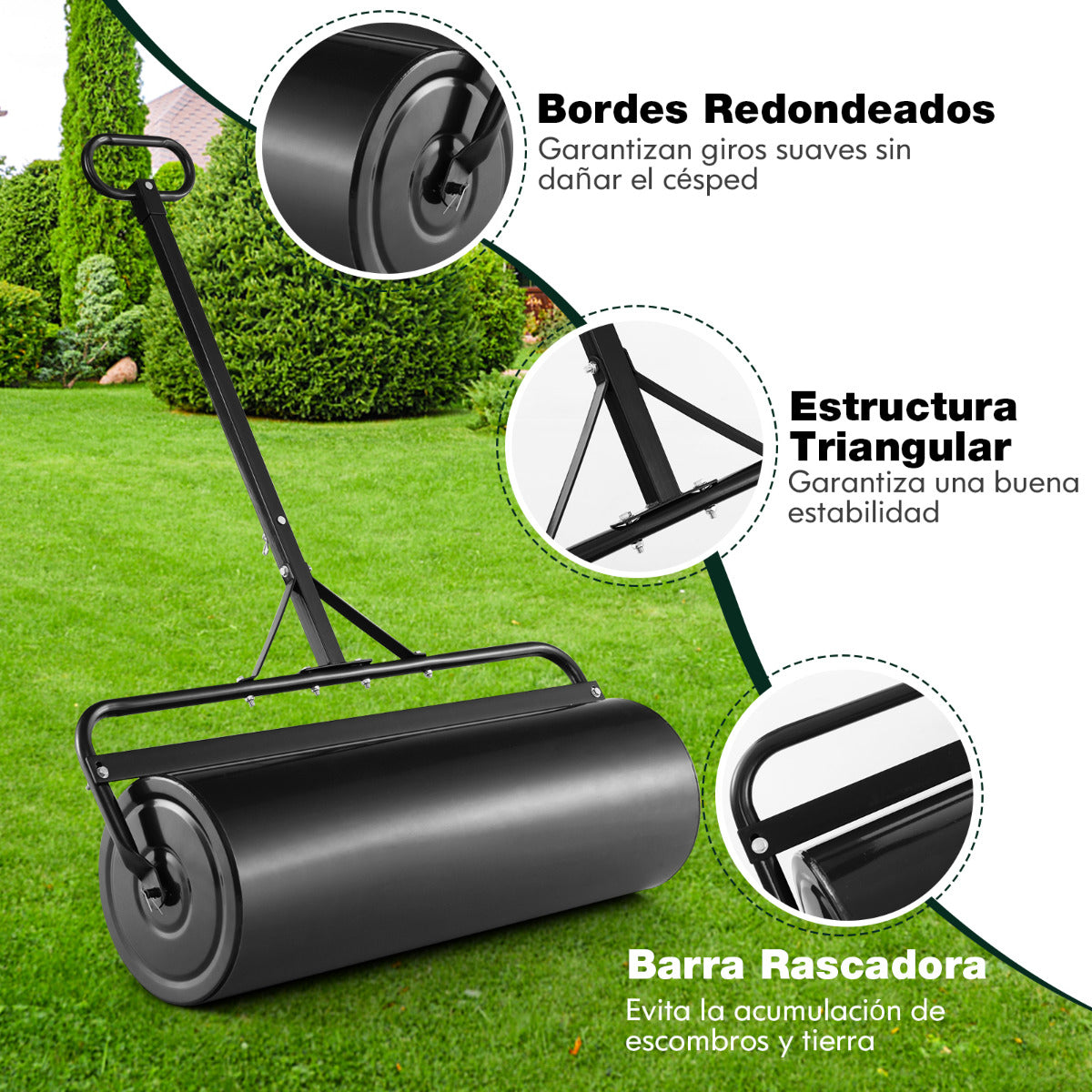 63L Rodillo de Césped de Metal Rodillo de Sod Ø30cm Llenado de Agua/Arena Empujado/Remolcado con Mango Desmontable para Jardín Patio Negro