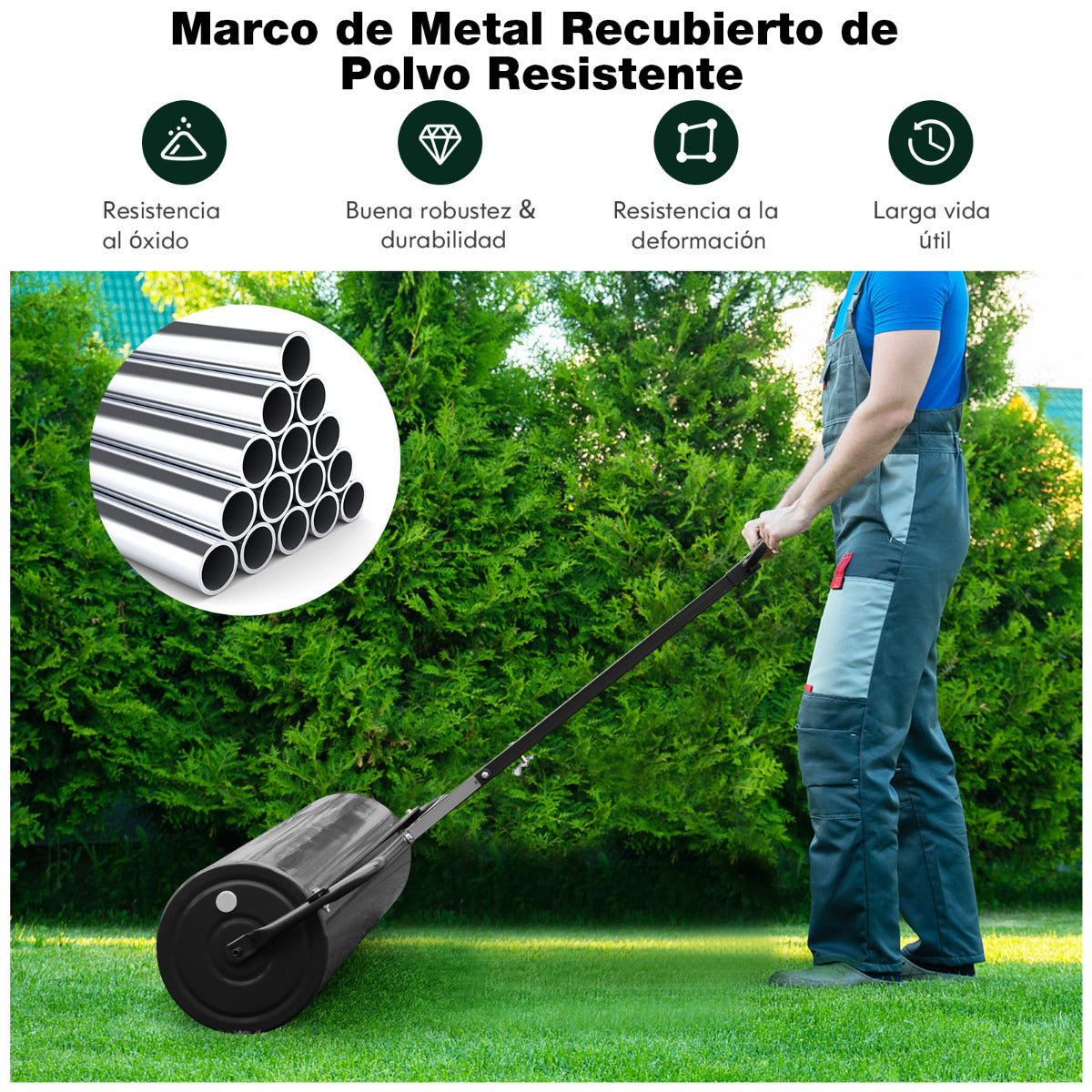 63L Rodillo de Césped de Metal Rodillo de Sod Ø30cm Llenado de Agua/Arena Empujado/Remolcado con Mango Desmontable para Jardín Patio Negro