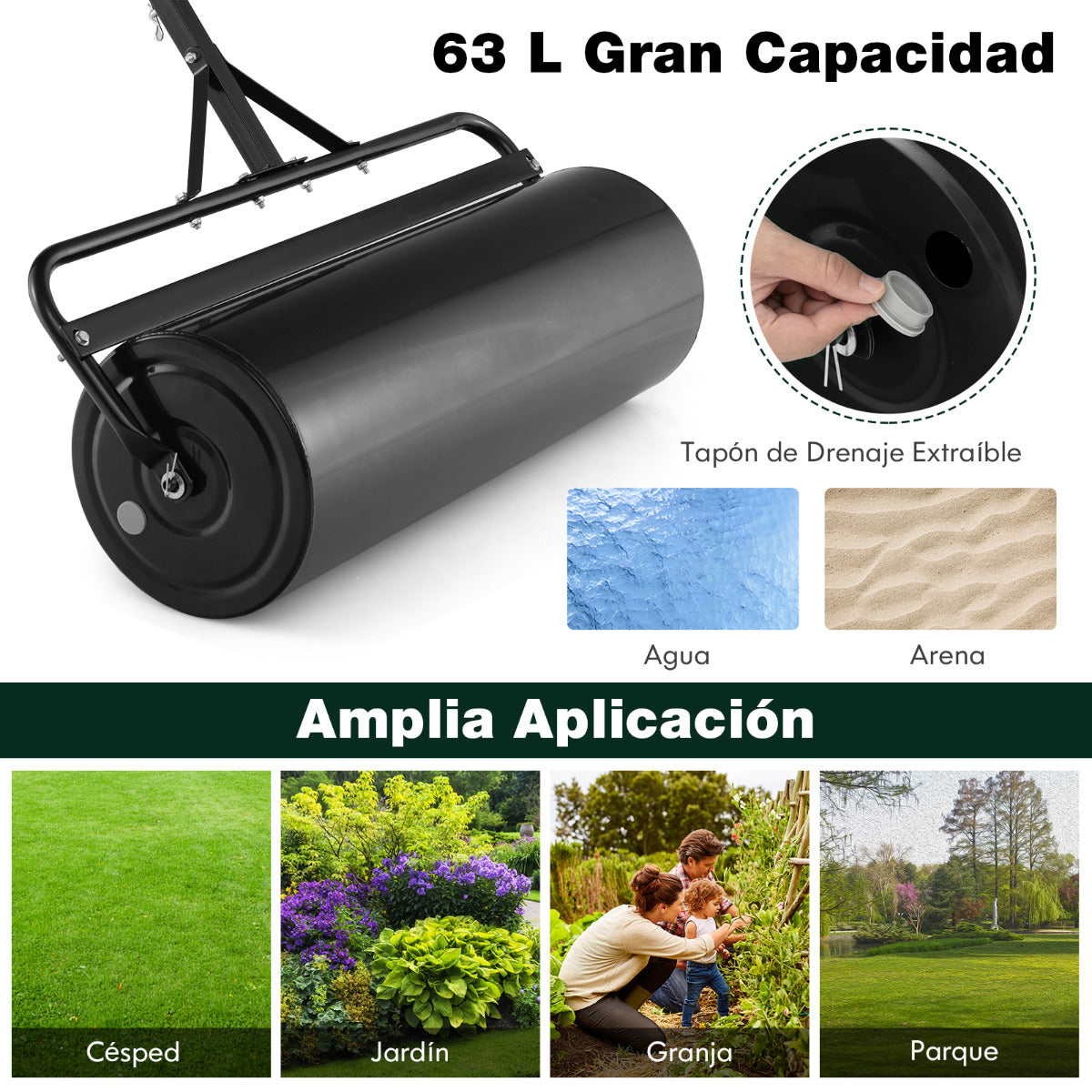 63L Rodillo de Césped de Metal Rodillo de Sod Ø30cm Llenado de Agua/Arena Empujado/Remolcado con Mango Desmontable para Jardín Patio Negro