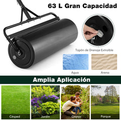 63L Rodillo de Césped de Metal Rodillo de Sod Ø30cm Llenado de Agua/Arena Empujado/Remolcado con Mango Desmontable para Jardín Patio Negro
