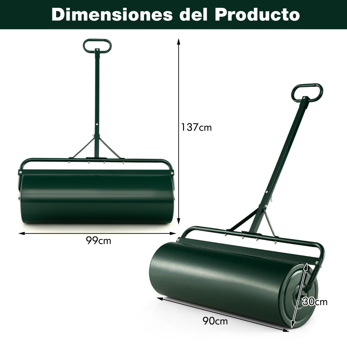 63L Rodillo de Césped de Metal Rodillo de Sod Ø30cm Llenado de Agua/Arena Empujado/Remolcado con Mango Desmontable para Jardín Patio Verde