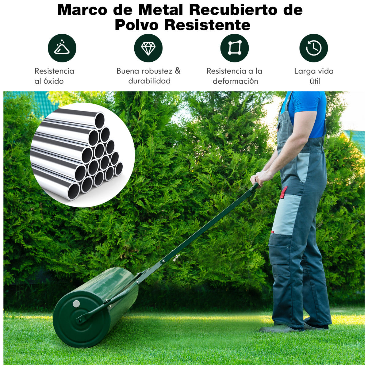 63L Rodillo de Césped de Metal Rodillo de Sod Ø30cm Llenado de Agua/Arena Empujado/Remolcado con Mango Desmontable para Jardín Patio Verde