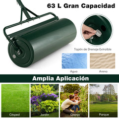 63L Rodillo de Césped de Metal Rodillo de Sod Ø30cm Llenado de Agua/Arena Empujado/Remolcado con Mango Desmontable para Jardín Patio Verde