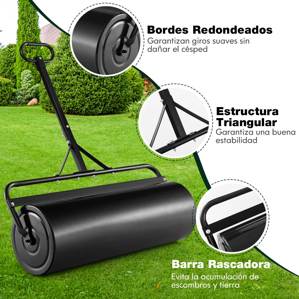 Rodillo de Césped Metálico Empujar/Tirar Lleno de Agua/Arena de 113 L con Mango Desmontable 99 x 40 x 146 cm Negro