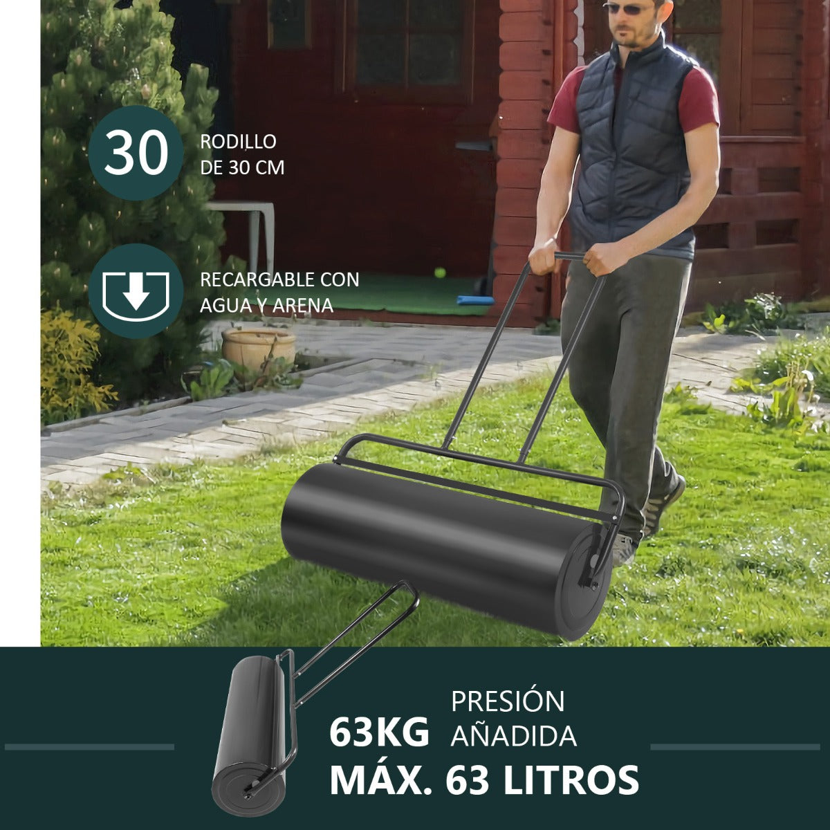 Rodillo para Césped 63L Rodillo de Acero con Forma de U Ideal para Tener Césped Liso y Plano Negro 114 x 90 x 30 cm