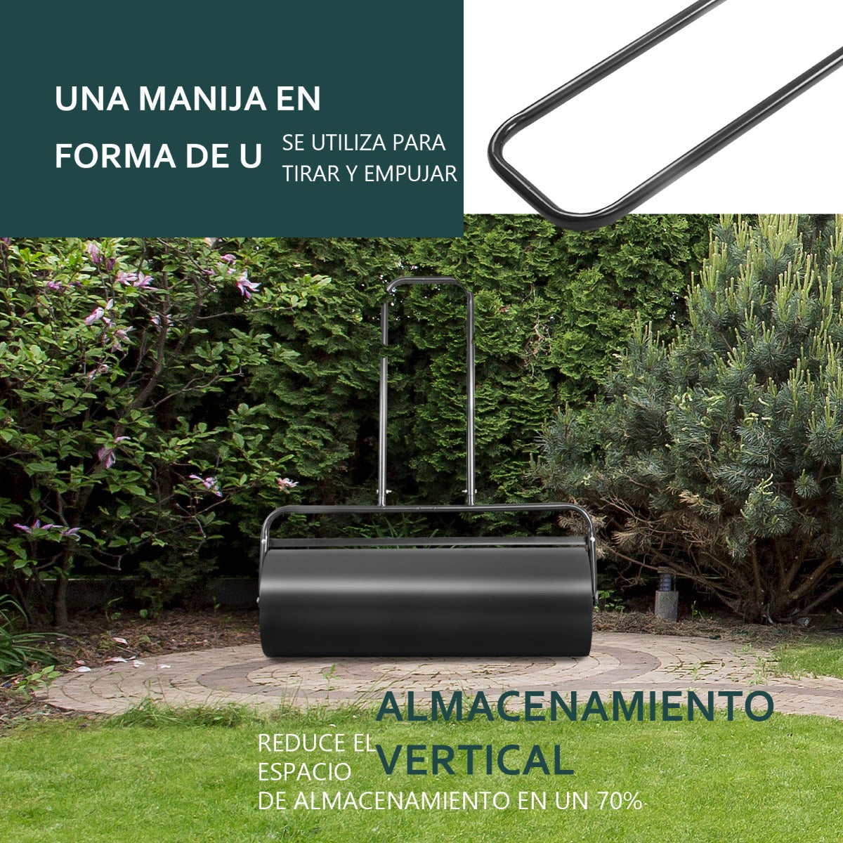 Rodillo para Césped 63L Rodillo de Acero con Forma de U Ideal para Tener Césped Liso y Plano Negro 114 x 90 x 30 cm