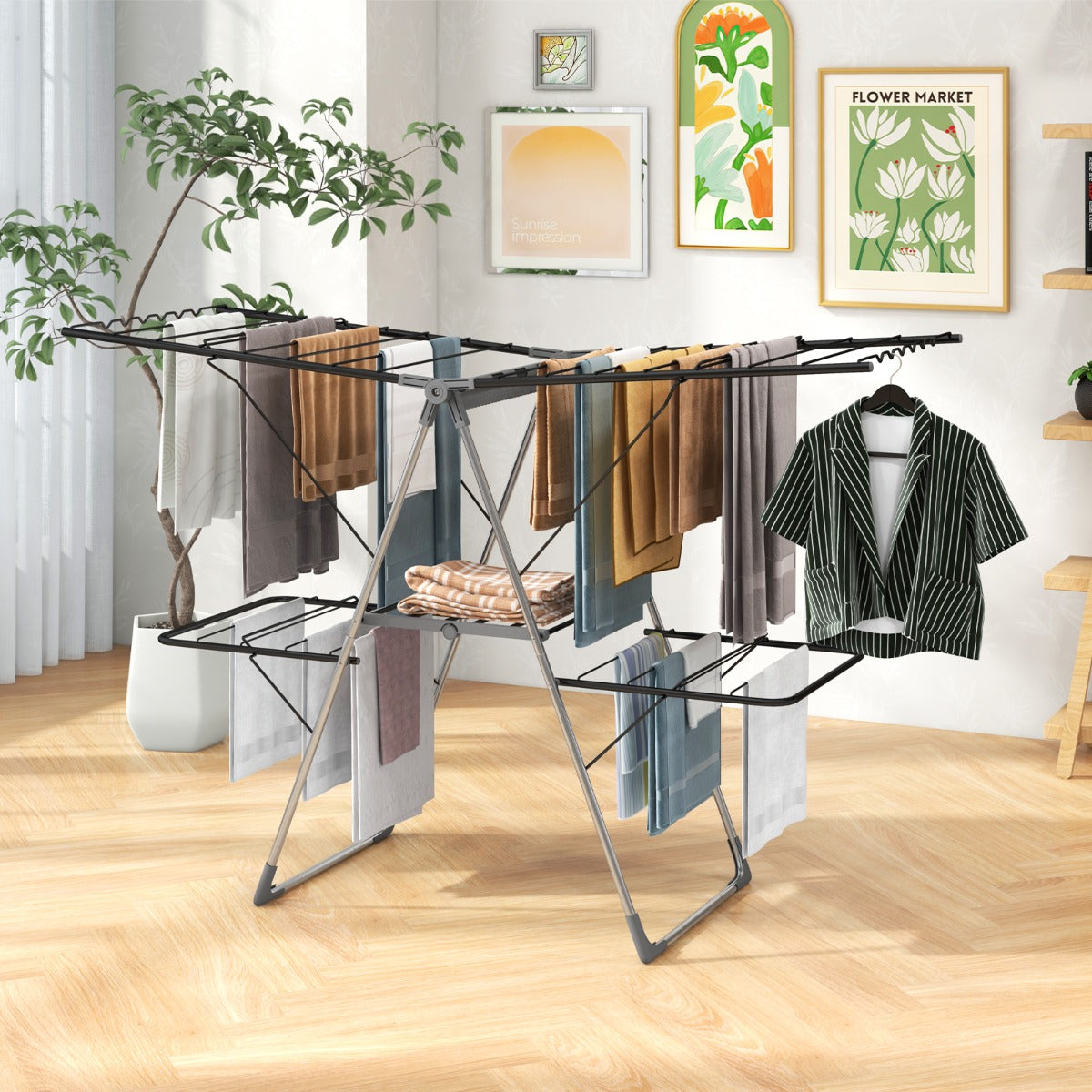 Secador de Ropa de 2 Niveles Estante Plegable Alas Ajustables Clips para Calcetines Patas de Acero Inoxidable