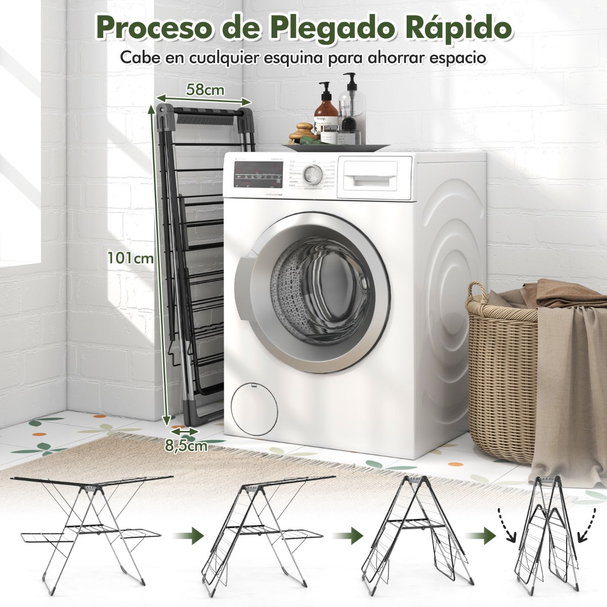 Secador de Ropa de 2 Niveles Estante Plegable Alas Ajustables Clips para Calcetines Patas de Acero Inoxidable
