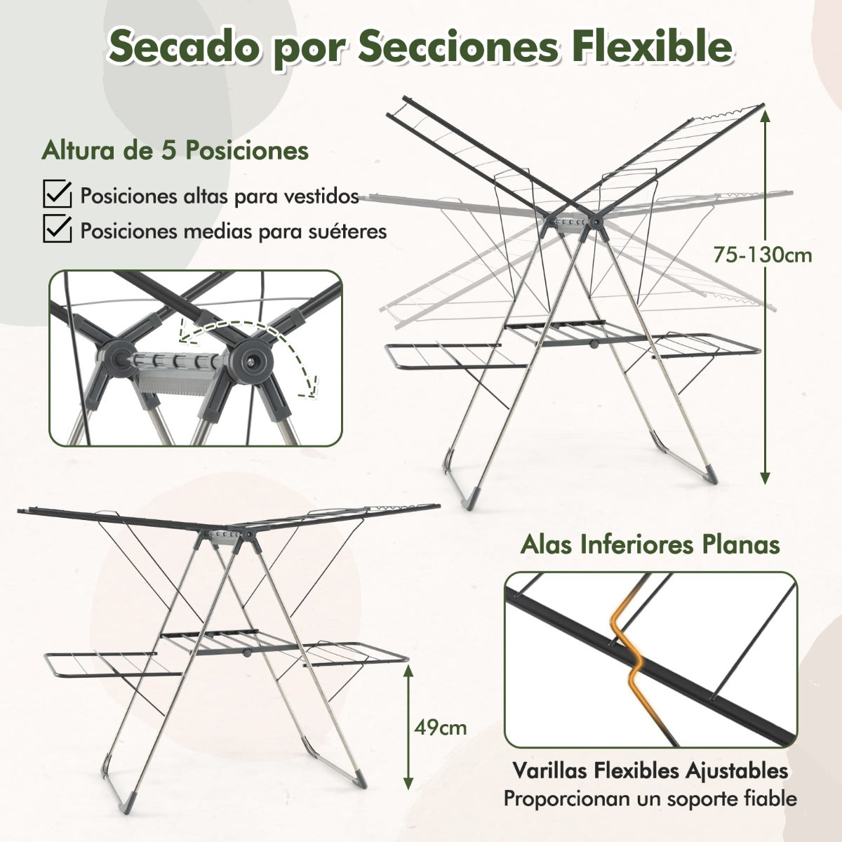 Secador de Ropa de 2 Niveles Estante Plegable Alas Ajustables Clips para Calcetines Patas de Acero Inoxidable