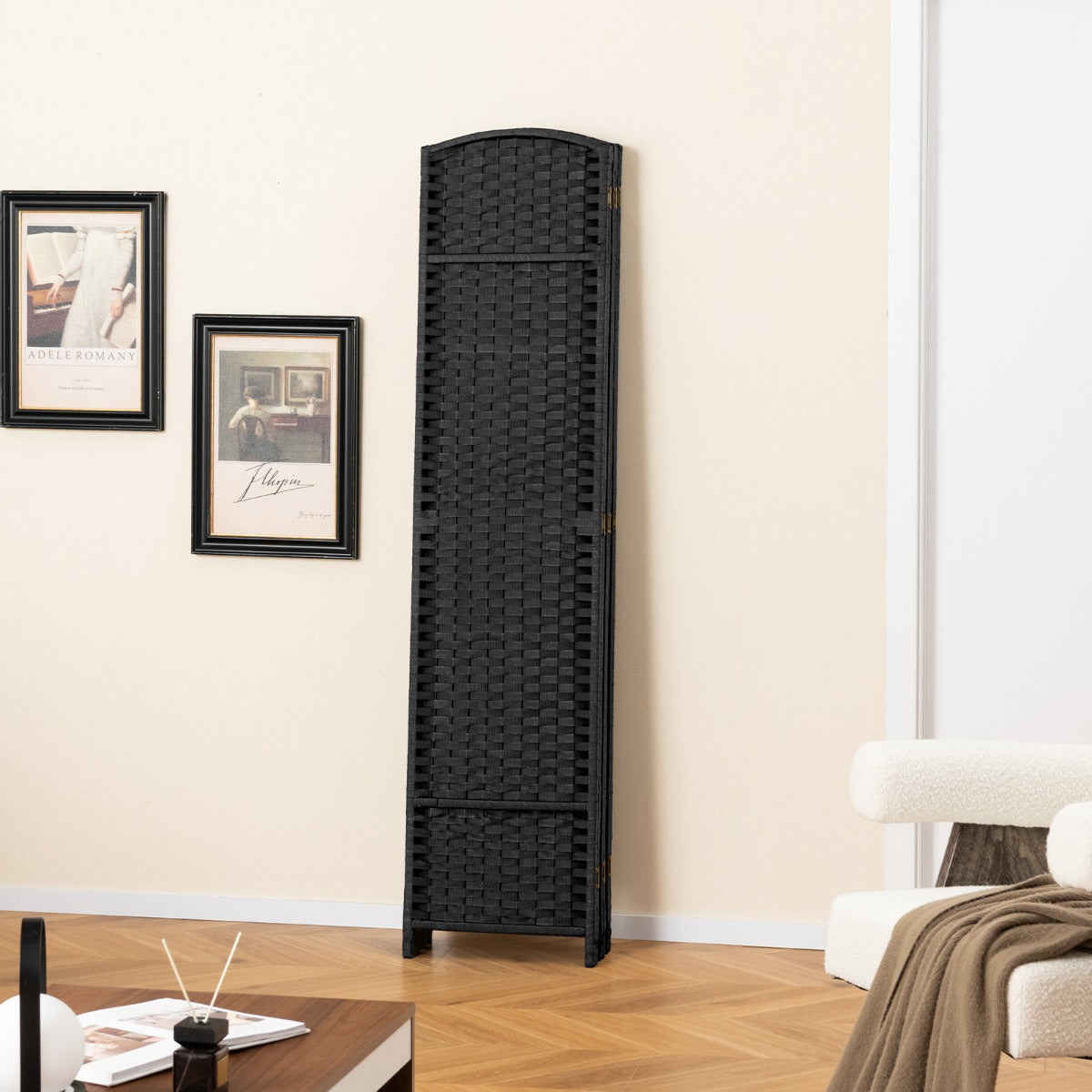 Separador de Ambientes Plegable de 6 Paneles Biombo de 170 cm con Textura Tejida Mano Marco de Madera Maciza para Sala de Estar Negro