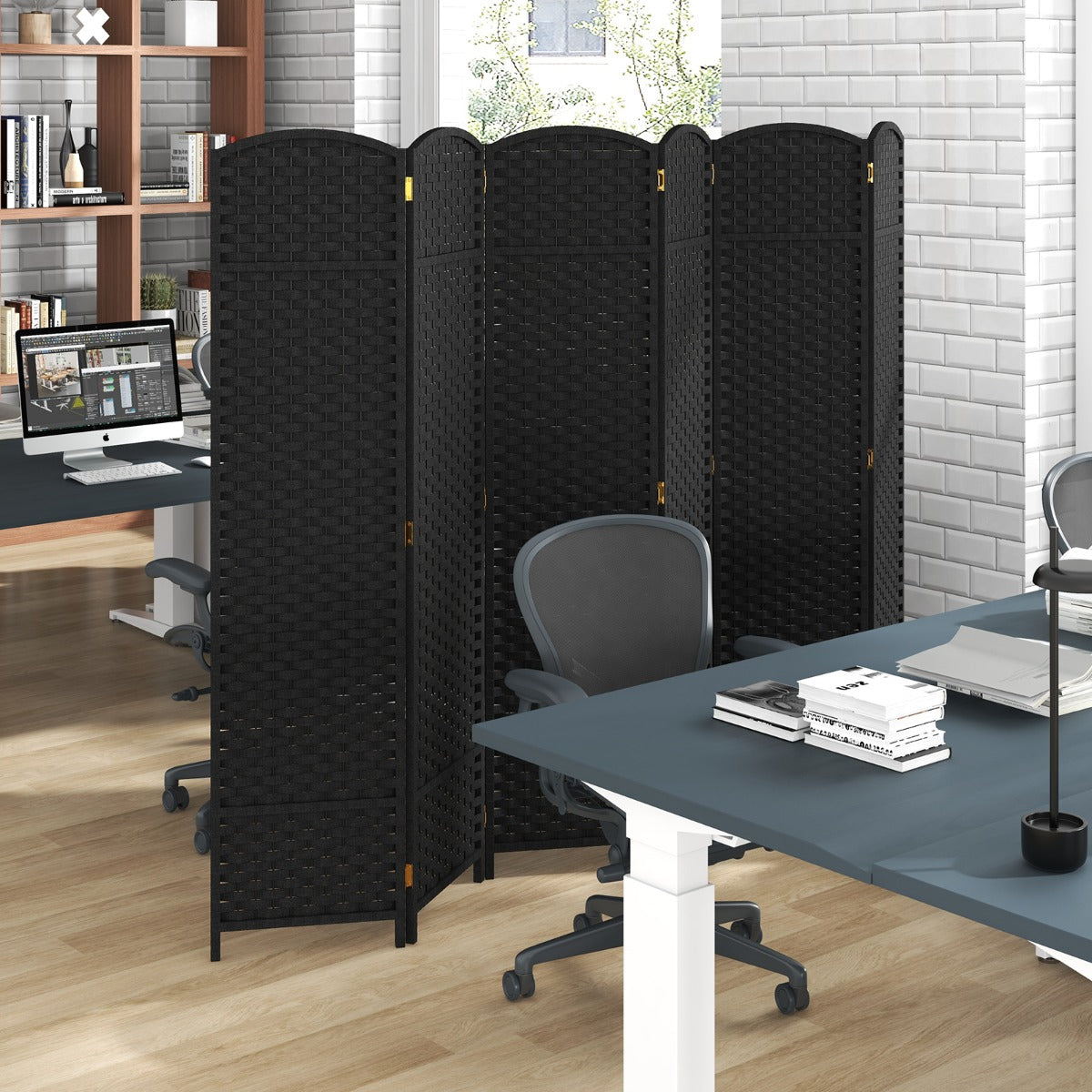 Separador de Ambientes Plegable de 6 Paneles Biombo de 170 cm con Textura Tejida Mano Marco de Madera Maciza para Sala de Estar Negro