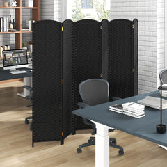 Separador de Ambientes Plegable de 6 Paneles Biombo de 170 cm con Textura Tejida Mano Marco de Madera Maciza para Sala de Estar Negro